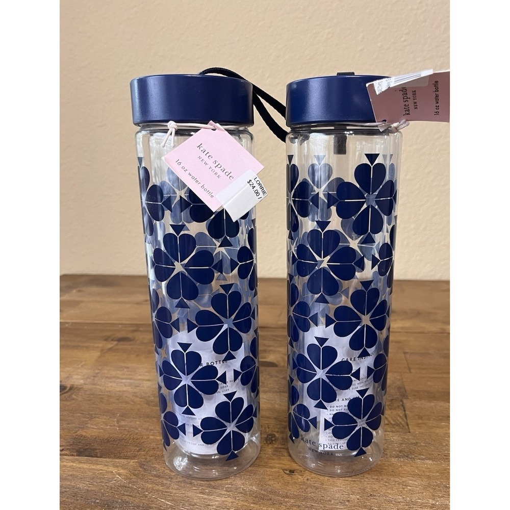 New Lot of 2‎ KATE SPADE WATER BOTTLE Blue FLOWER 16 OZ. PLASTIC SCREW LID